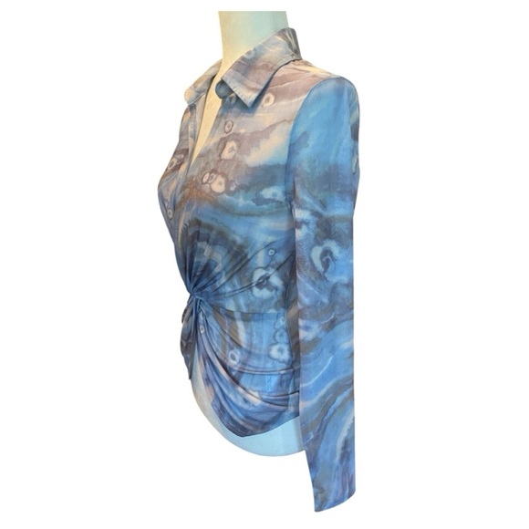 ACOA Womens Blue Marbled Mesh Long Sleeve Shirt - Picture 2 of 8
